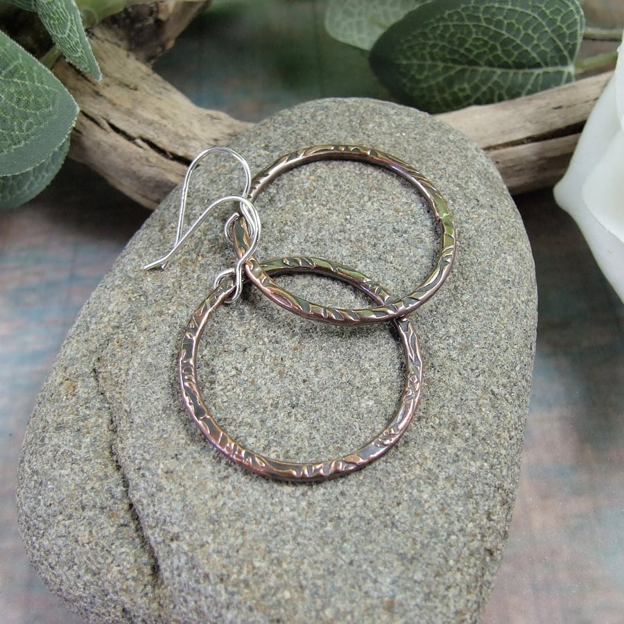 Earrings, Sterling Silver and Copper Patterned Hoops Oxidised Finish