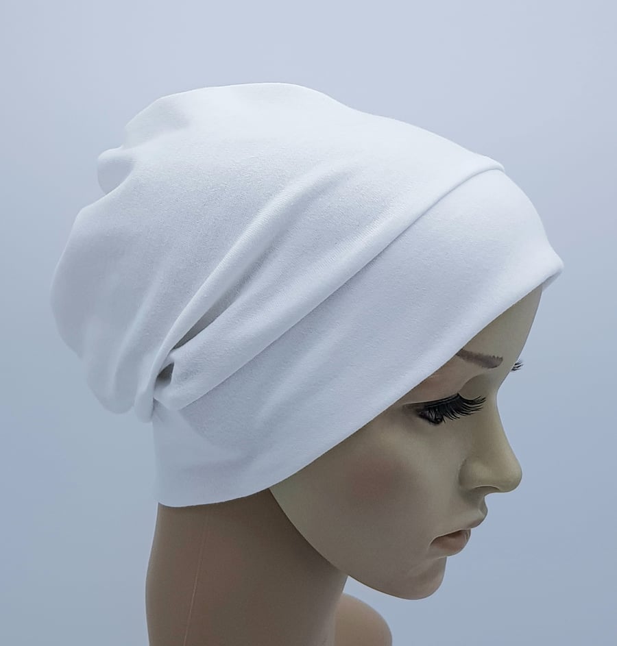 White cotton jersey hat, lightweight beanie, bad hair day hat, chemo hat