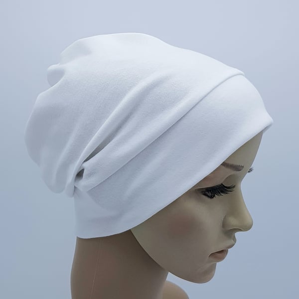 White cotton jersey hat, lightweight beanie, bad hair day hat, chemo hat