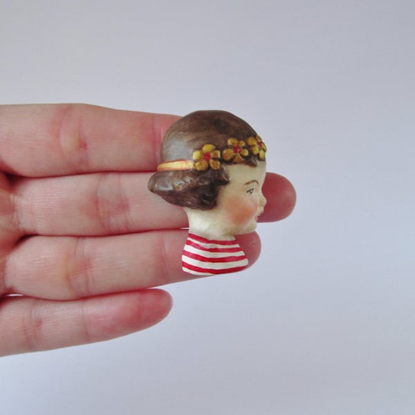 Handmade Doll Brooch Fleur Brown Hair