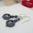 Earrings round black haematite Celtic heart drop sterling silver gothic rock