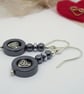 Earrings round black haematite Celtic heart drop sterling silver gothic rock