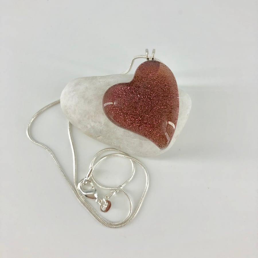Silver & Pink Glass Heart Necklace