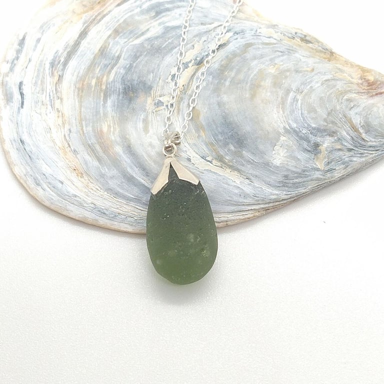 Olive green sea glass necklace sterling silver 