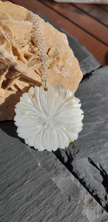 Carved Mother of Pearl Flower Pendant on Sterling Silver Chain