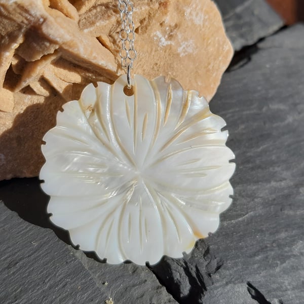 Carved Mother of Pearl Flower Pendant on Sterling Silver Chain