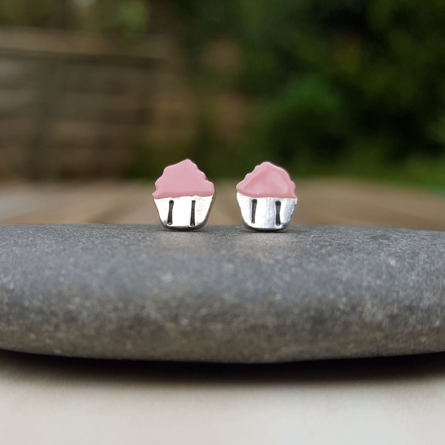 Silver cupcake earrings, miniature, enamel earrings, gifts for bakers
