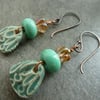 green ceramic, lampwork and copper earrings