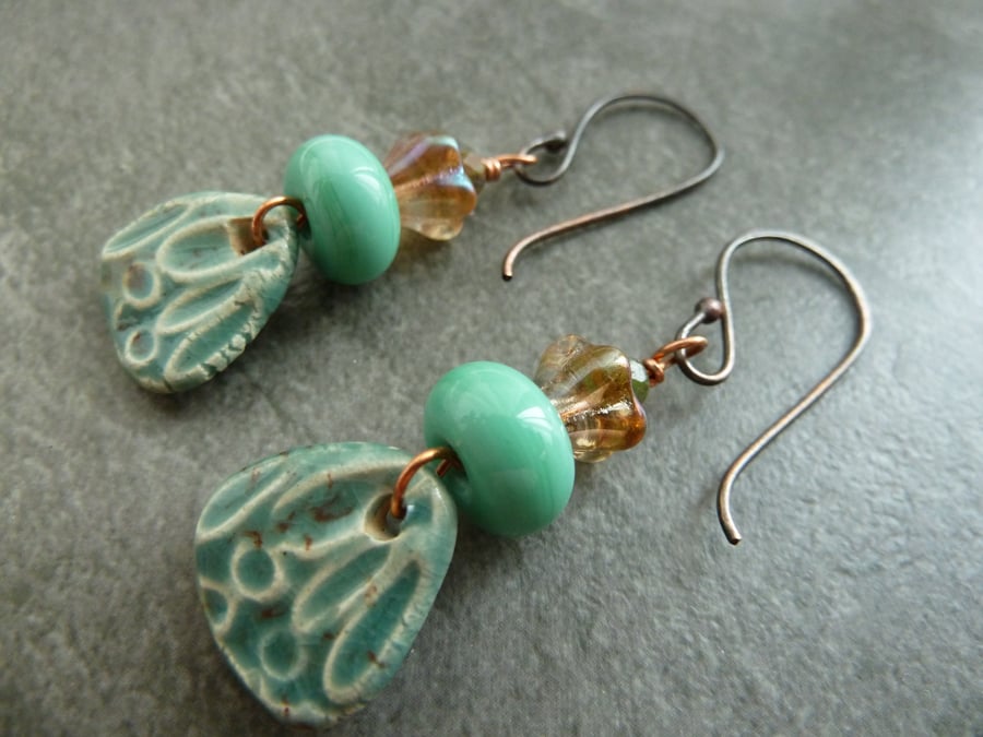 green ceramic, lampwork and copper earrings