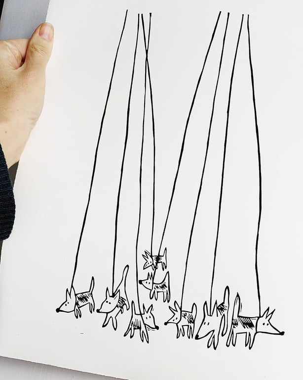 Eight litte Dogs on Leads - lino cut print