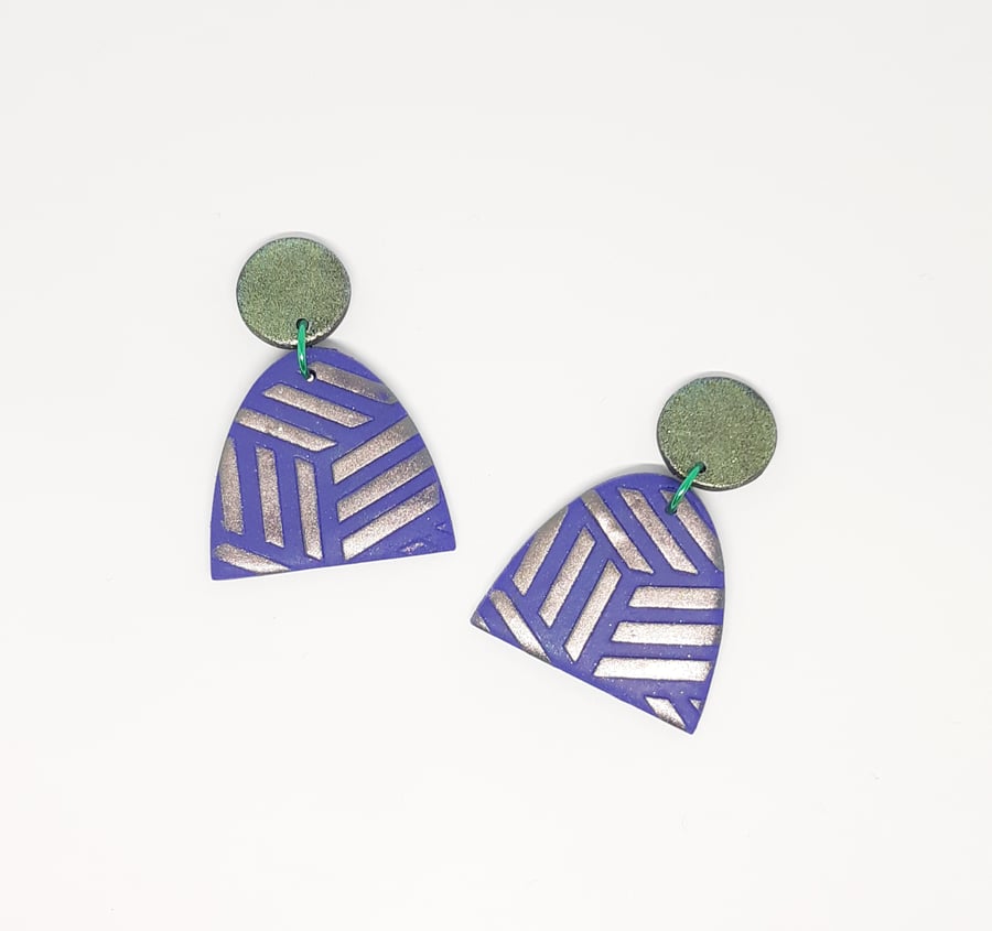 Purple arch earrings, Polymer clay dangles, Glitter earrings