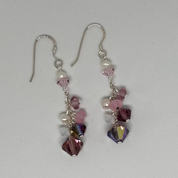 Sterling Silver Drop Cluster Earrings in Shades of Purple and Pink
