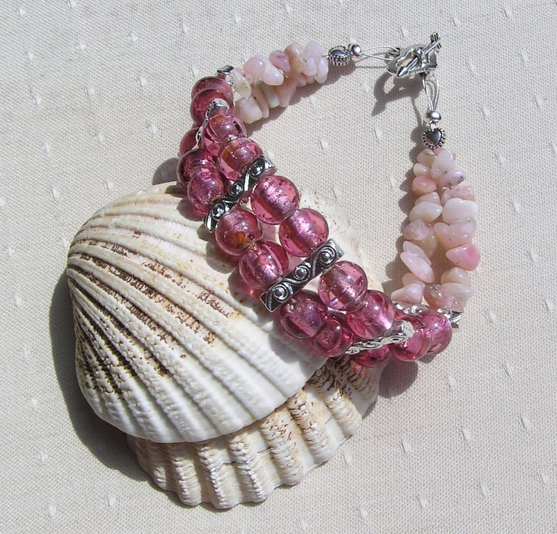 Pink Silver-Foil and Pink Opal Gemstone Crystal Beaded Bracelet