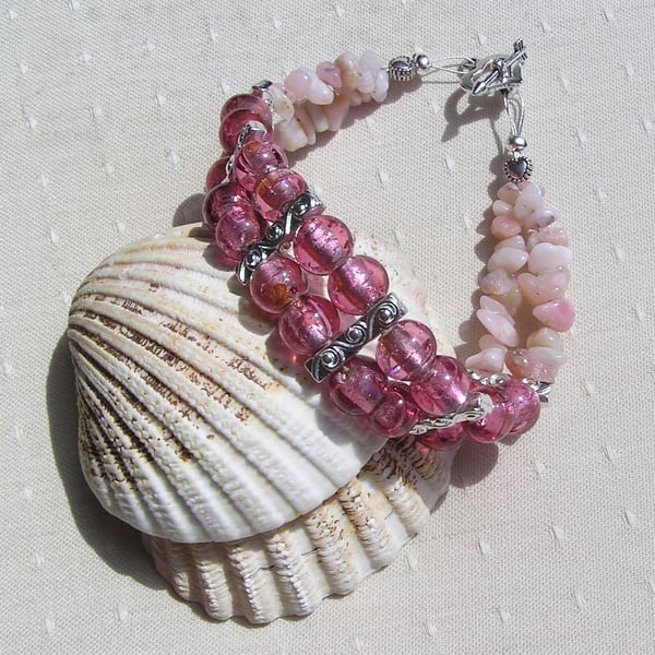 Pink Silver-Foil and Pink Opal Gemstone Crystal Beaded Bracelet