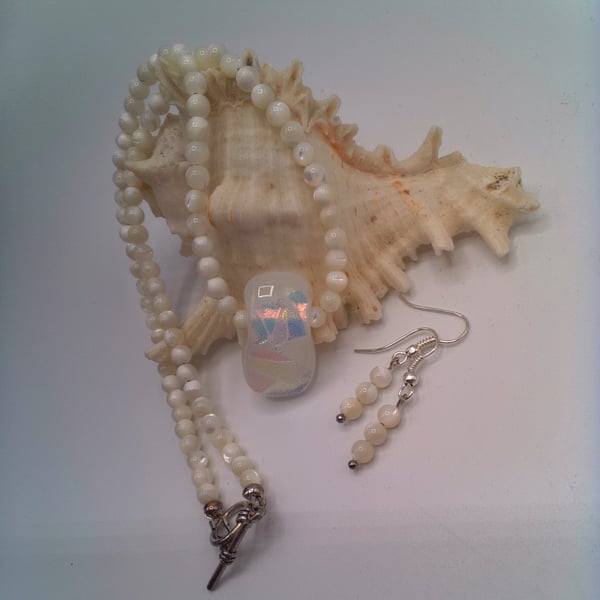 White Cats Eye Bead and an Iridescent Centre Necklace and Earrings, Gift for Her