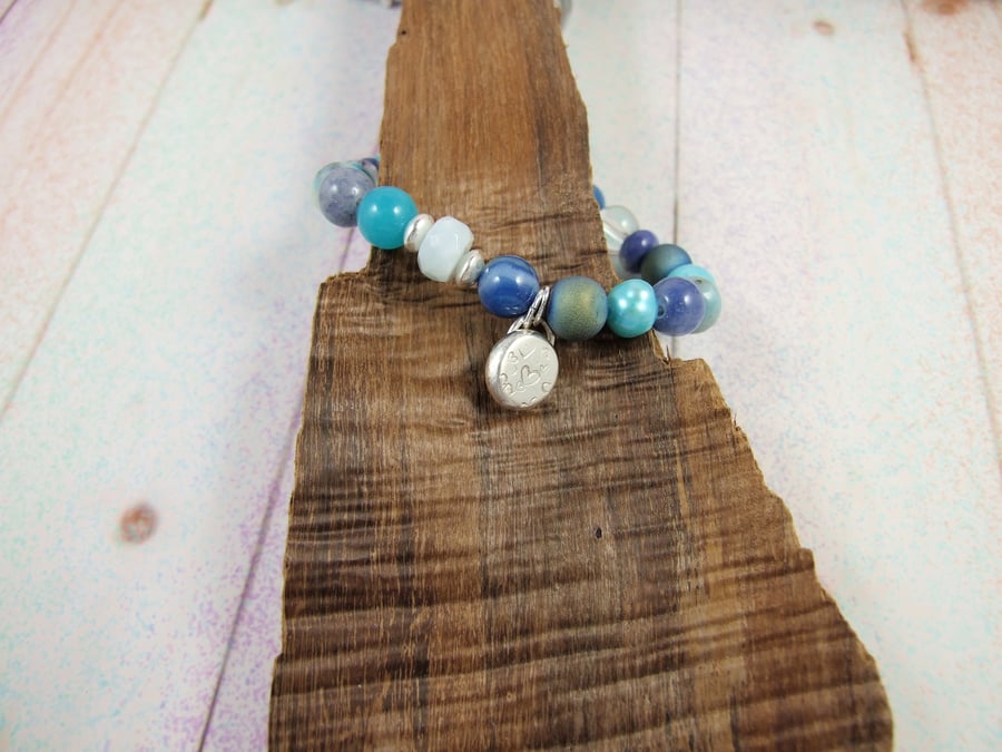 Mixed Gemstone Adjustable Fit Charm Bracelet in Blue Tones with Sterling Silver