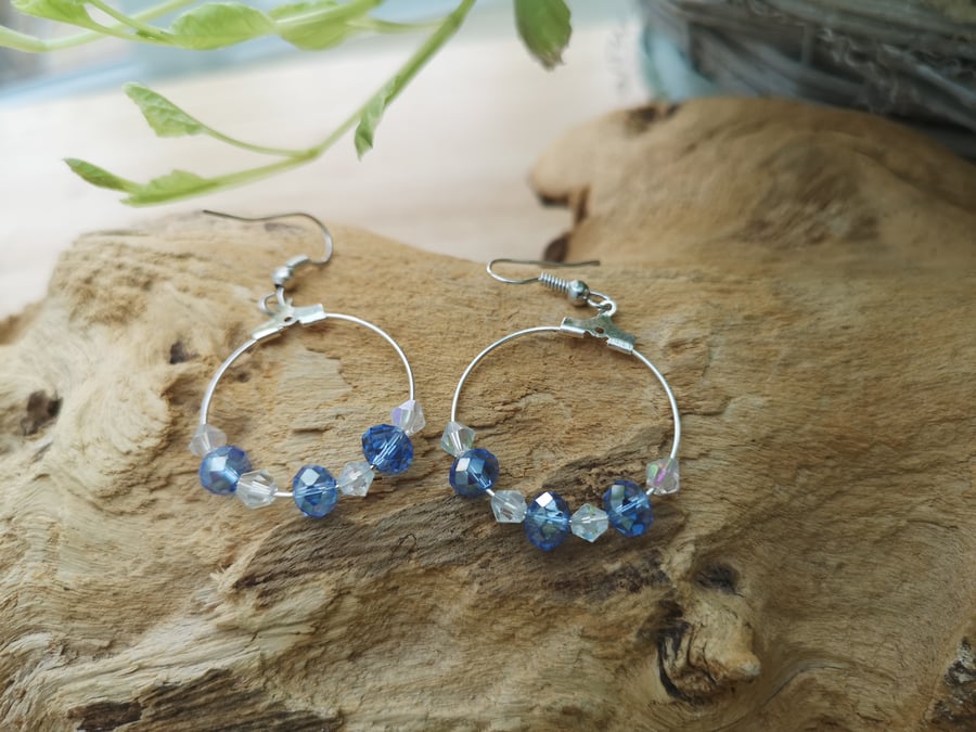 Blue and white crystal hoop earrings
