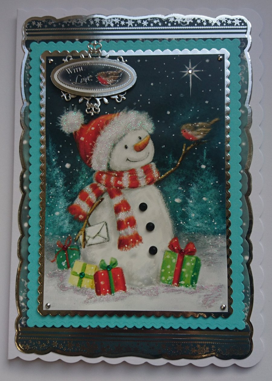 Christmas Card Snowman and Robin With Love and Presents