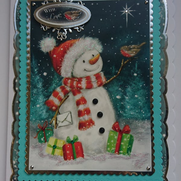 Christmas Card Snowman and Robin With Love and Presents
