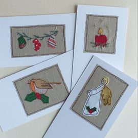Set of 4 Different Embroidered Christmas Cards