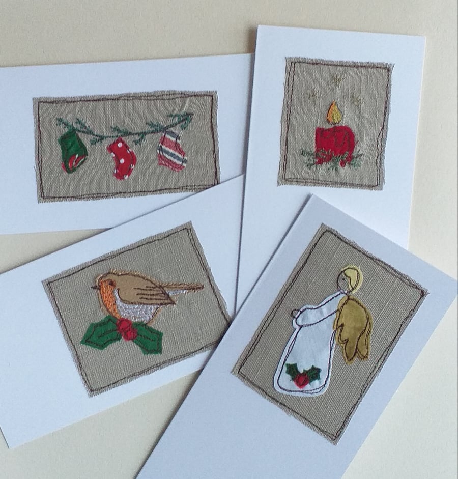 Set of 4 Different Embroidered Christmas Cards