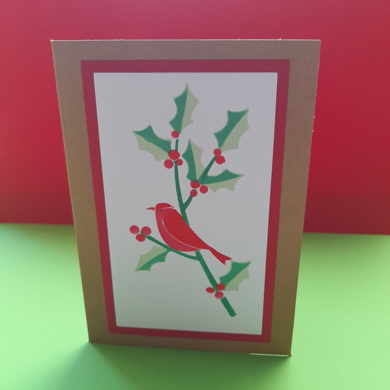Robin & Holly Christmas Card - Traditional Green & Red - Handmade