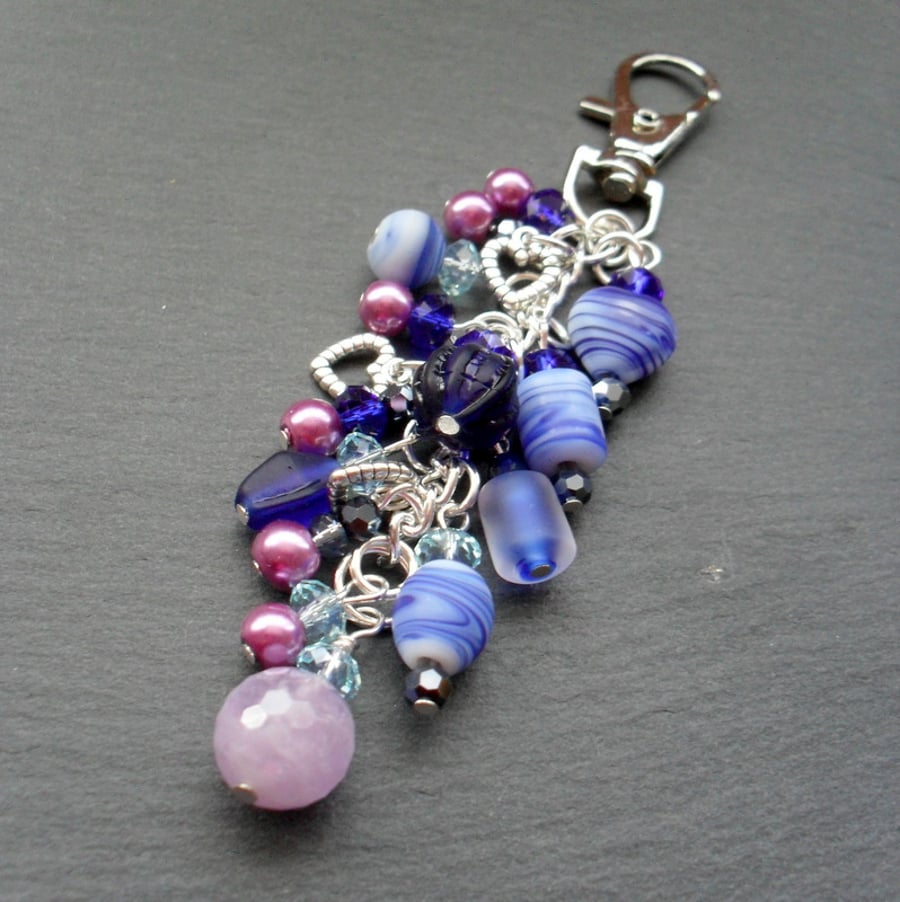 Blue and Lilac Bag Charm With Amethyst Semi Precious Gemstone