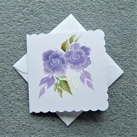 hand painted original art floral purple roses blank greetings card ( ref F157 )