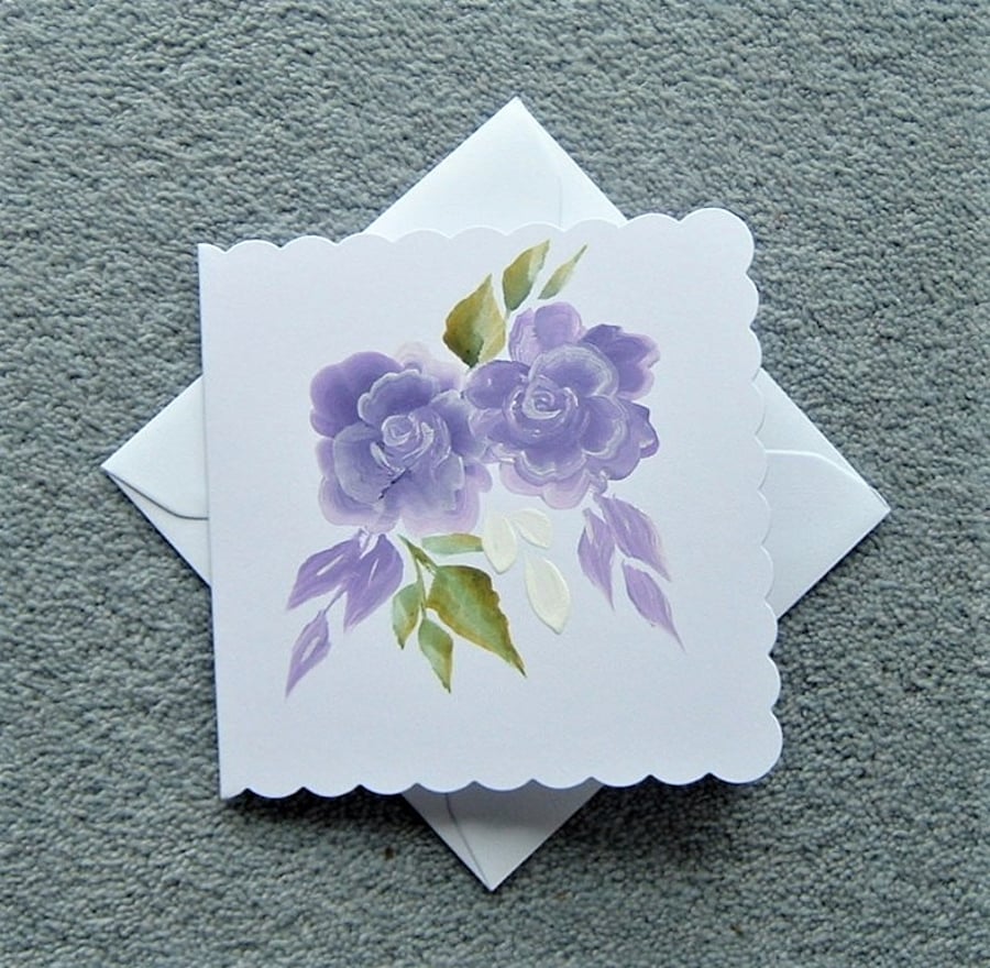 hand painted original art floral purple roses blank greetings card ( ref F157 )