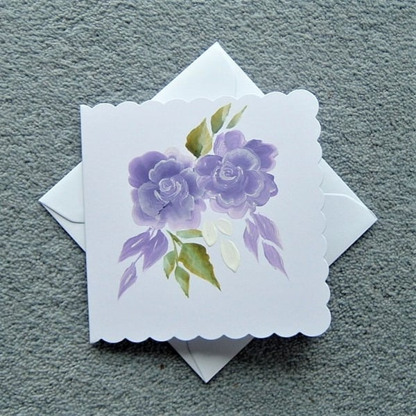 hand painted original art floral purple roses blank greetings card ( ref F157 )