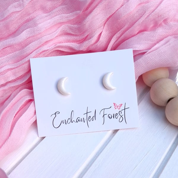 Pearlescent Moon Stud Earrings, Celestial Jewellery, Accessories & Gifts