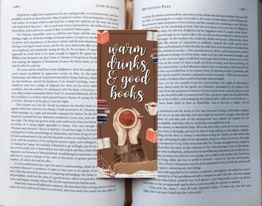 ‘Warm Drinks and Good Books’ Cosy Winter Illustration Dark Academia Bookmark
