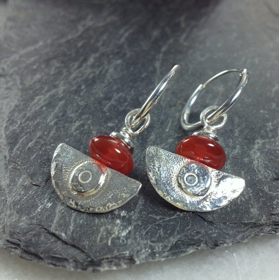 Ulu Earrings , handmade silver and carnelian drop earrings