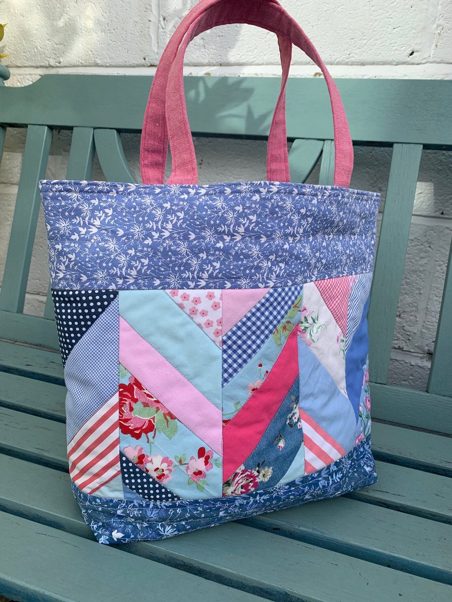 Pink and blue patchwork quilted tote bag