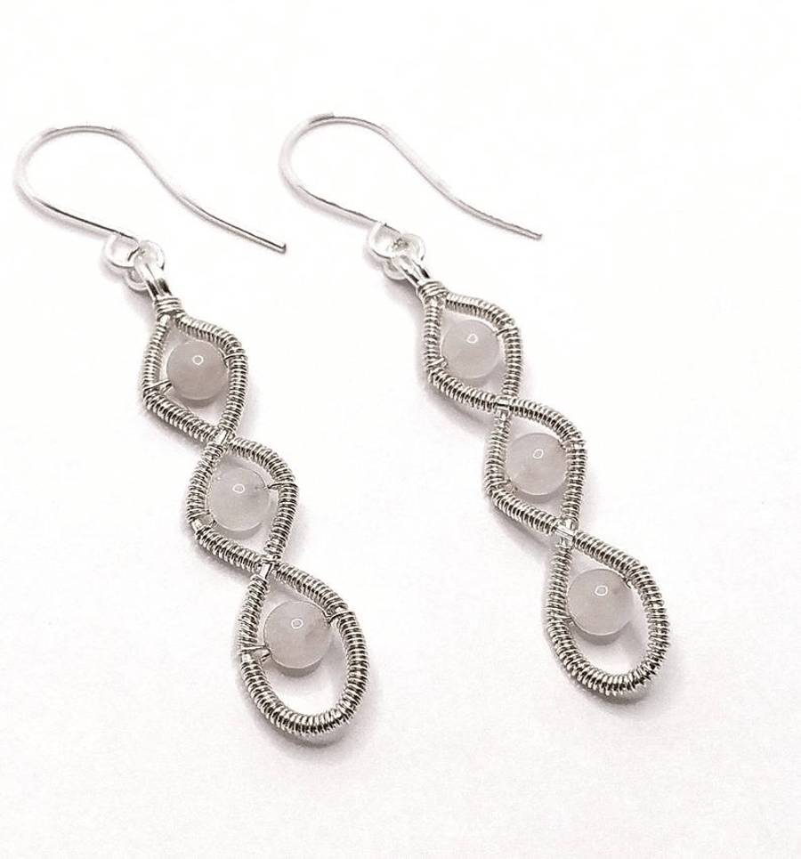 Twisted Drop Wire Wrapped Earrings with Rosequartz 