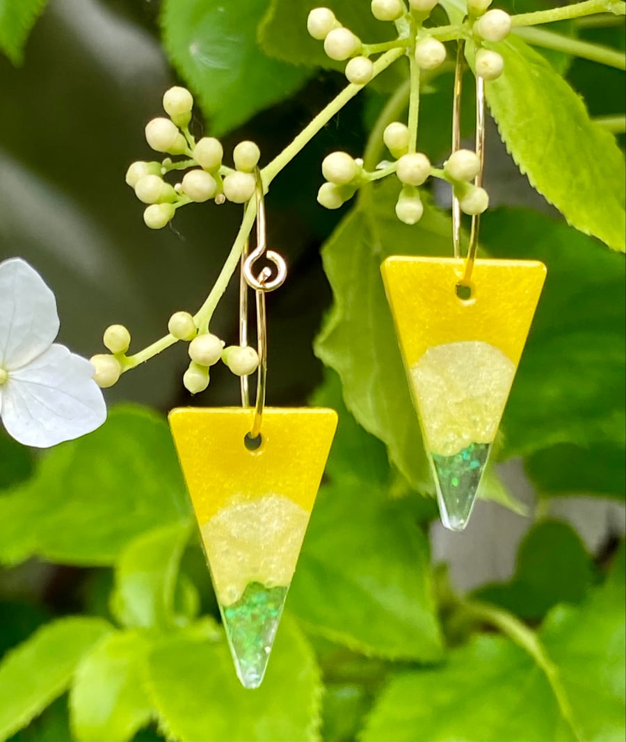 Handmade two tone yellow resin and yellow glitter triangle hoop earrings
