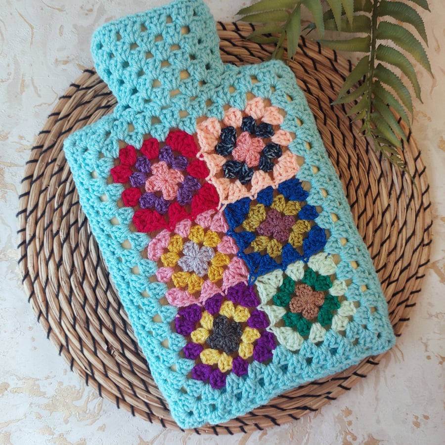  Crochet Hot Water Bottle Cover Granny Square Aqua Light Turquoise