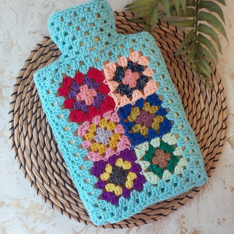  Crochet Hot Water Bottle Cover Granny Square Aqua Light Turquoise