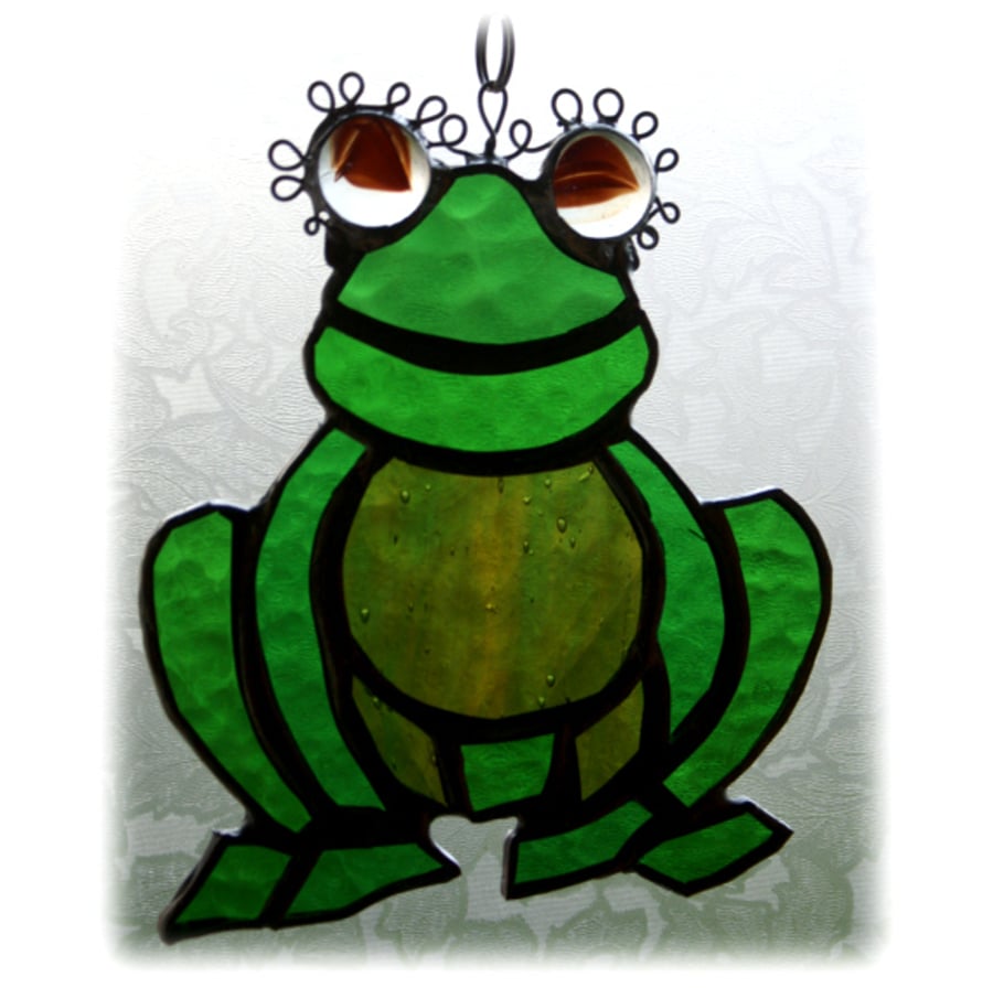Image of Frog Suncatcher Stained Glass Handmade Gardener Gift Ribbit