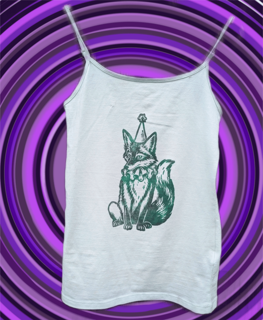 Handprinted lino jester fox upcycled vest top xs