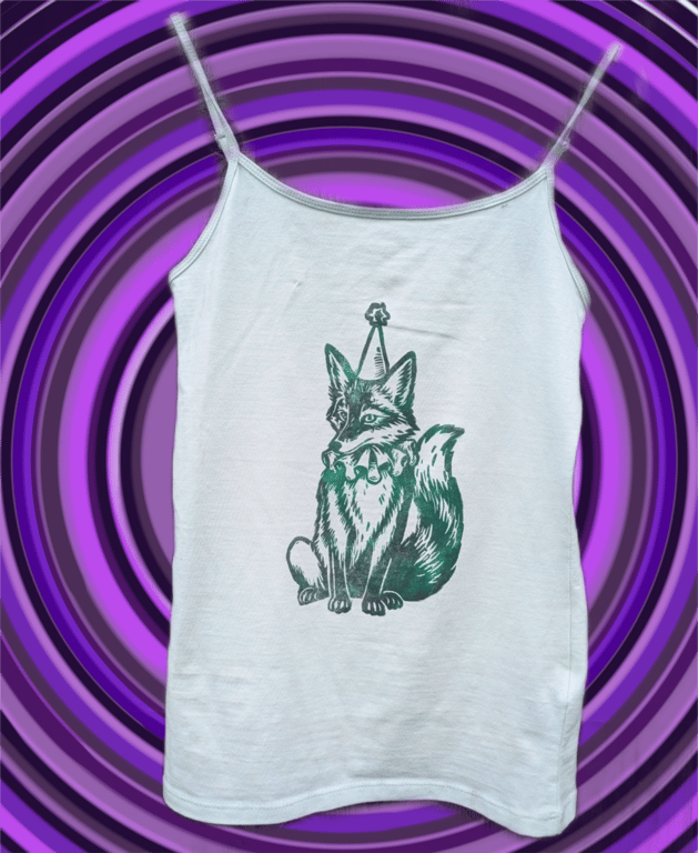 Handprinted lino jester fox upcycled vest top xs