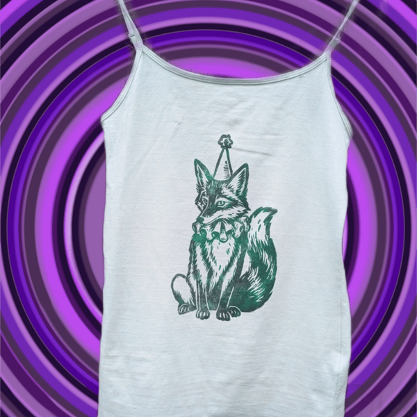 Handprinted lino jester fox upcycled vest top xs