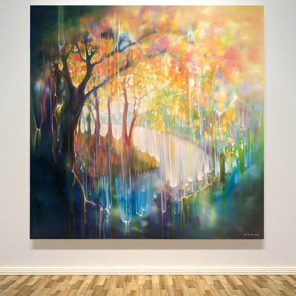 Getting Closer is a semi-abstract oil painting of an river through autumn trees