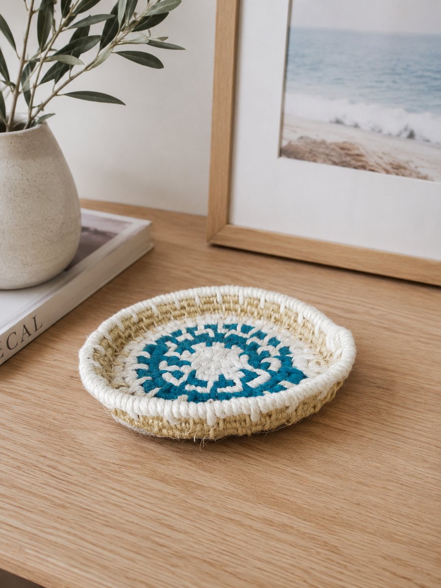Teal Blue Trinket Bowl Cotton & Sisal Macrame Coiled Basket 14cm