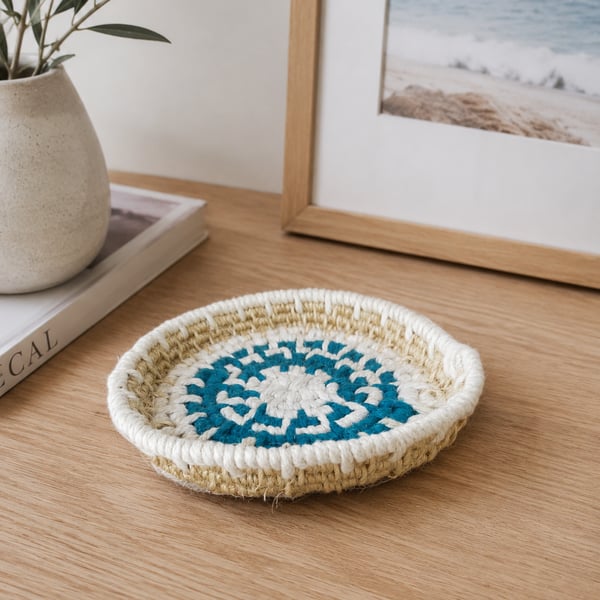 Teal Blue Trinket Bowl Cotton & Sisal Macrame Coiled Basket 14cm