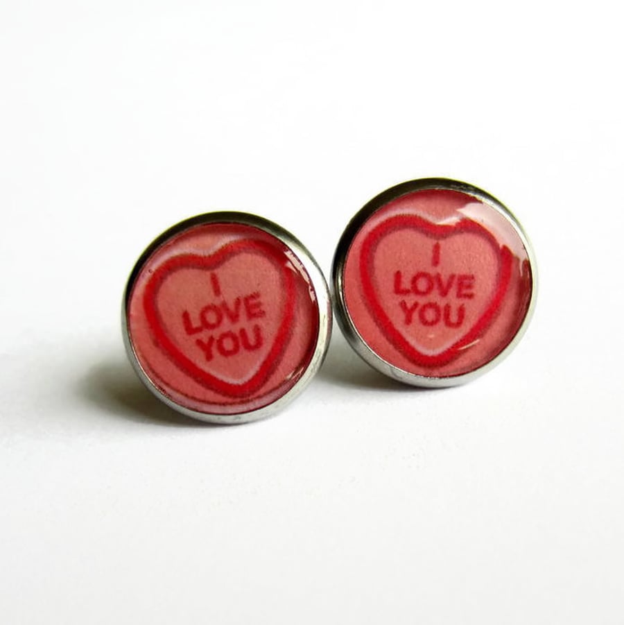 Pink Love Heart Stud Earrings - Hypoallergenic Surgical Steel