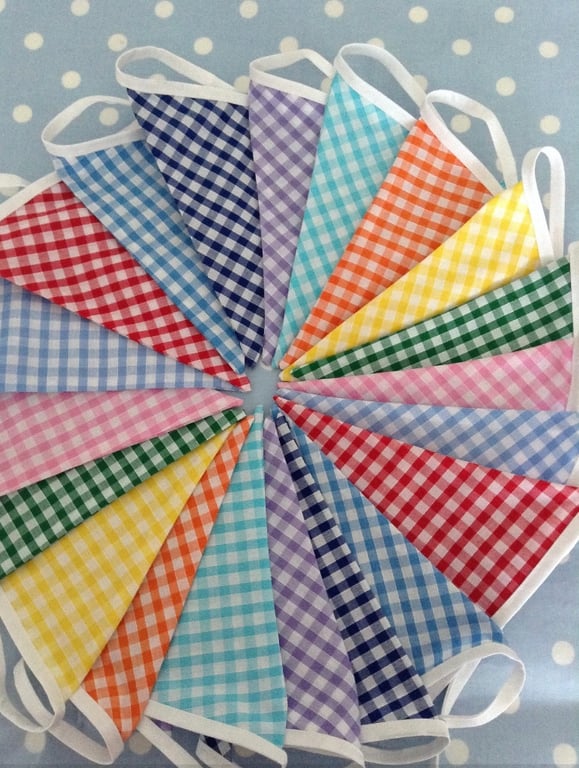 3m, 5m, 10m Gingham Fabric Bunting, Party Flag, Cotton Fabric Bunting