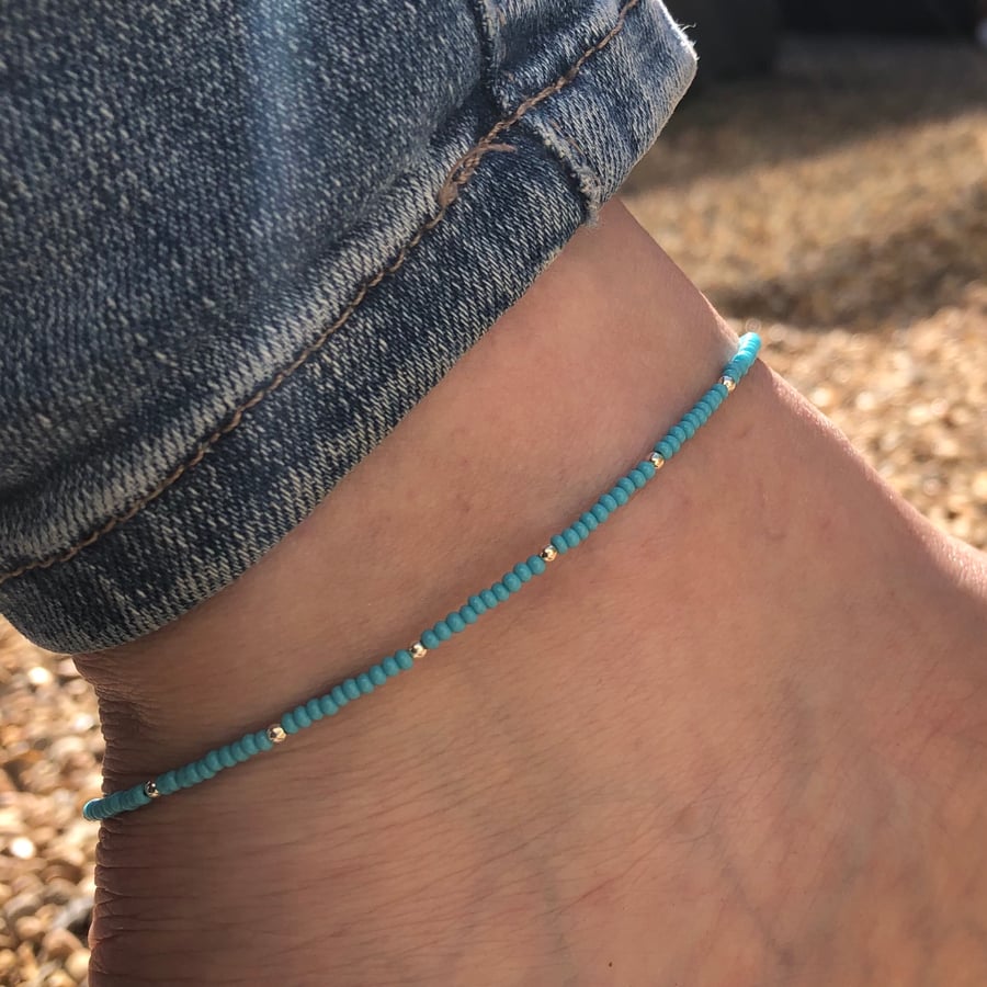Turquoise seed bead & sterling silver anklet 