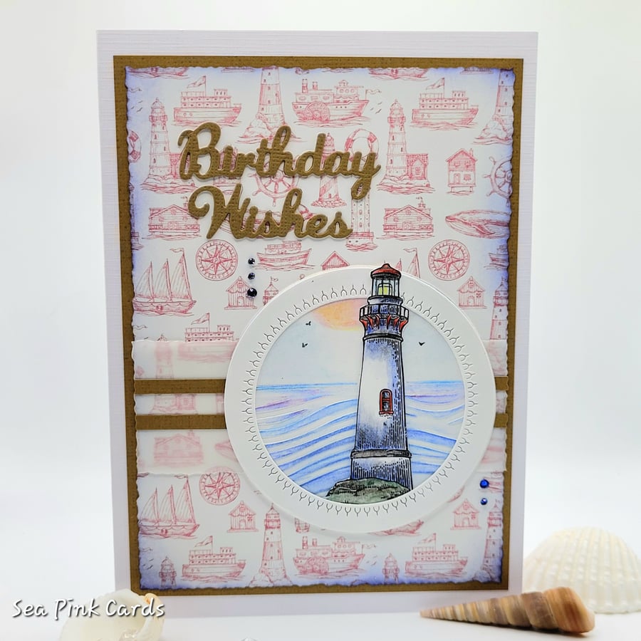Lighthouse birthday card, embossed cards, watercoloured, handmade