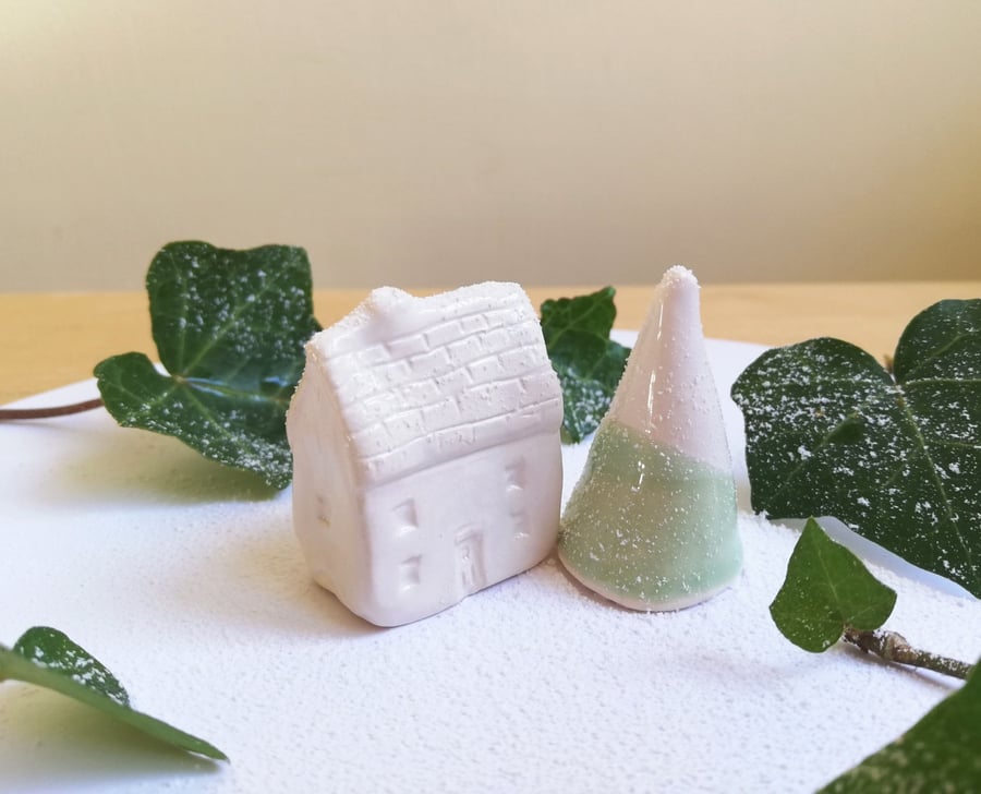 Handmade ceramic Christmas house and tree toppers for cake miniature white house